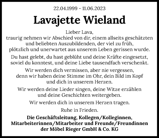 Traueranzeige von Lavajette Wieland von GESAMT