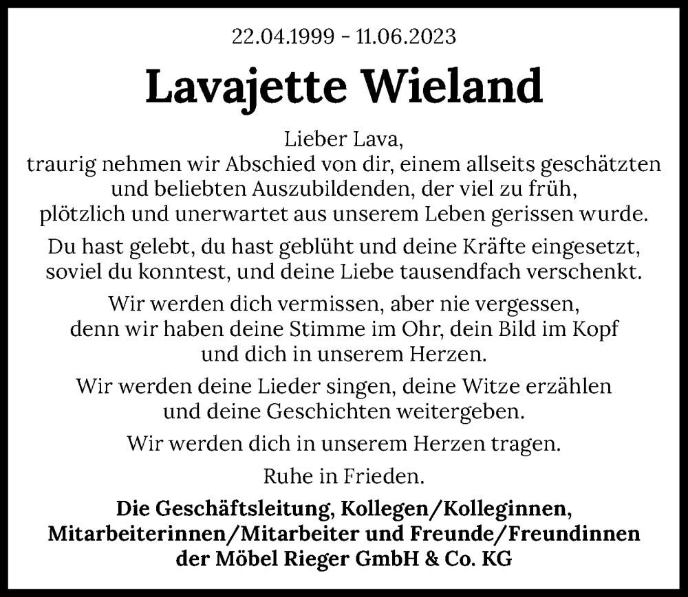  Traueranzeige für Lavajette Wieland vom 17.06.2023 aus GESAMT