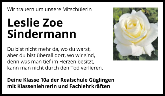 Traueranzeige von Leslie Zoe Sindermann von GESAMT