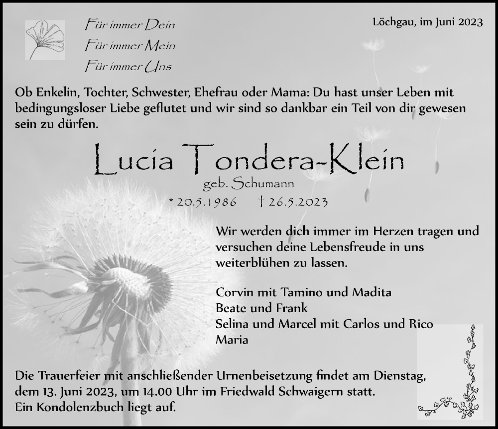  Traueranzeige für Lucia Tondera-Klein vom 07.06.2023 aus GESAMT