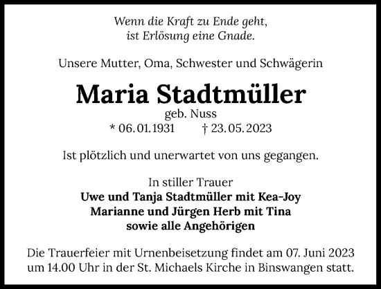 Traueranzeige von Maria Stadtmüller von GESAMT