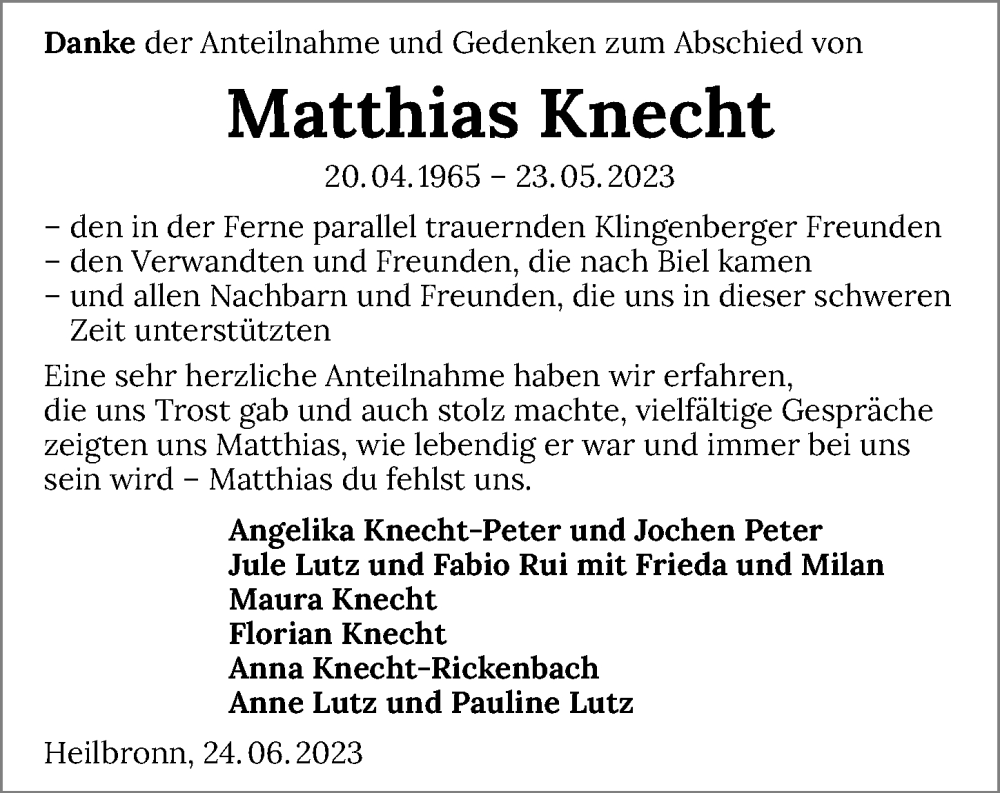 Traueranzeige für Matthias Knecht vom 24.06.2023 aus GESAMT