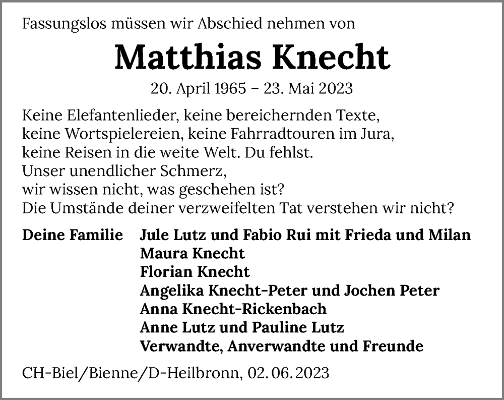  Traueranzeige für Matthias Knecht vom 02.06.2023 aus GESAMT