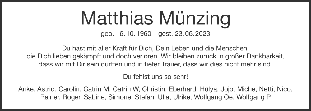  Traueranzeige für Matthias Münzing vom 28.06.2023 aus GESAMT