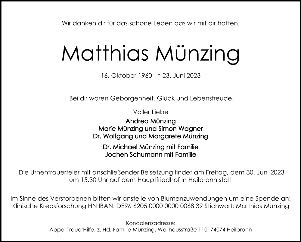  Traueranzeige für Matthias Münzing vom 28.06.2023 aus GESAMT