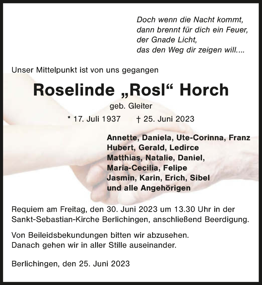  Traueranzeige für Roselinde Horch vom 27.06.2023 aus GESAMT
