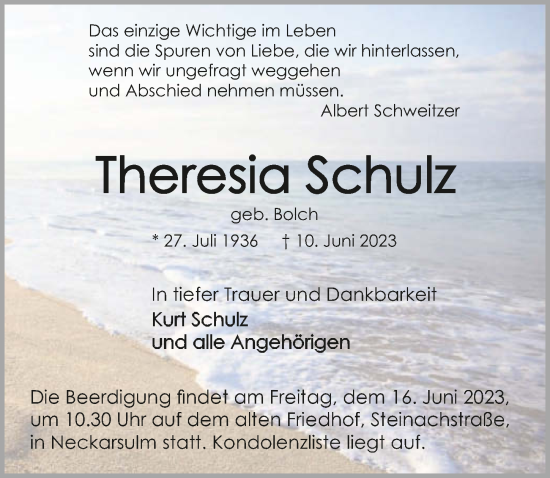 Traueranzeige von Theresia Schulz von GESAMT