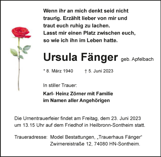 Traueranzeige von Ursula Fänger von GESAMT