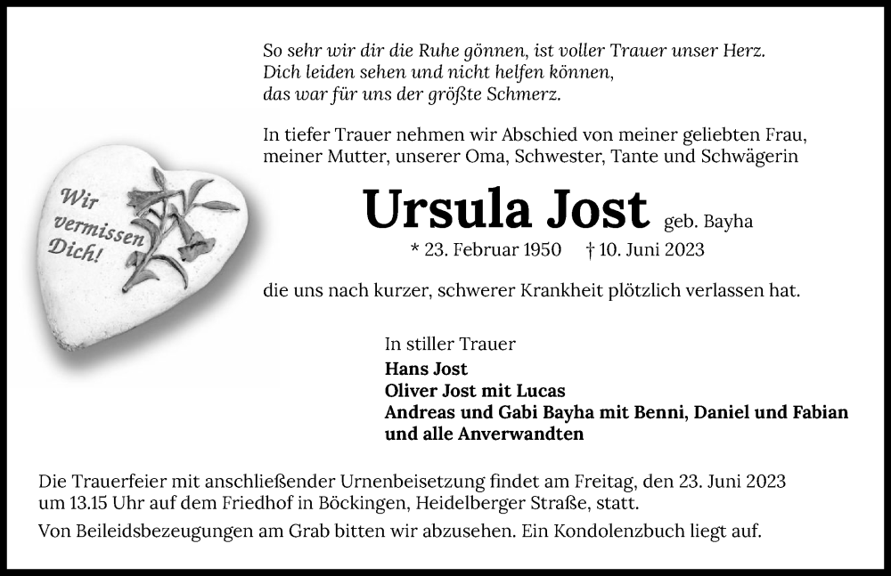  Traueranzeige für Ursula Jost vom 17.06.2023 aus GESAMT