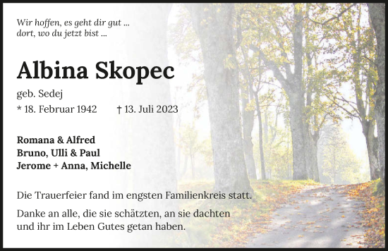 Traueranzeige von Albina Skopec von GESAMT