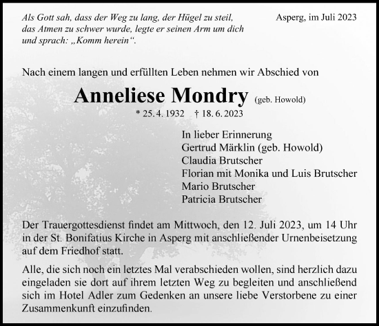 Traueranzeige von Anneliese Mondry von GESAMT