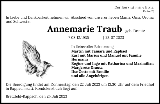 Traueranzeige von Annemarie Traub von GESAMT