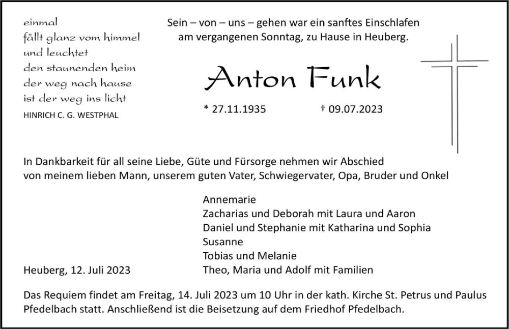  Traueranzeige für Anton Funk vom 12.07.2023 aus GESAMT