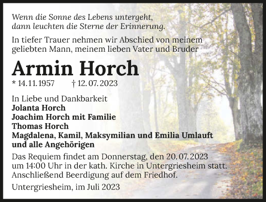 Traueranzeige von Armin Horch von GESAMT