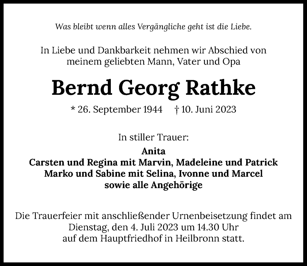  Traueranzeige für Bernd Georg Rathke vom 01.07.2023 aus GESAMT