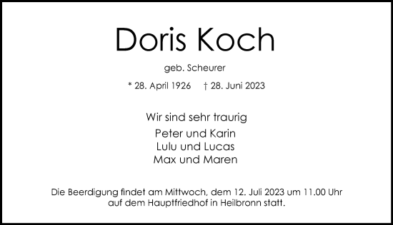 Traueranzeige von Doris Koch