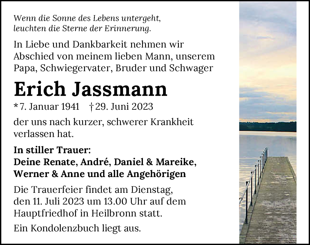  Traueranzeige für Erich Jassmann vom 08.07.2023 aus GESAMT