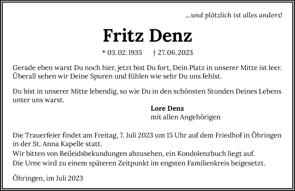  Traueranzeige für Fritz Denz vom 01.07.2023 aus GESAMT