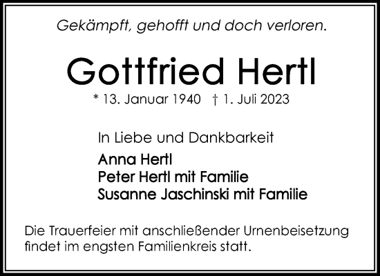 Traueranzeige von Gottfried Hertl