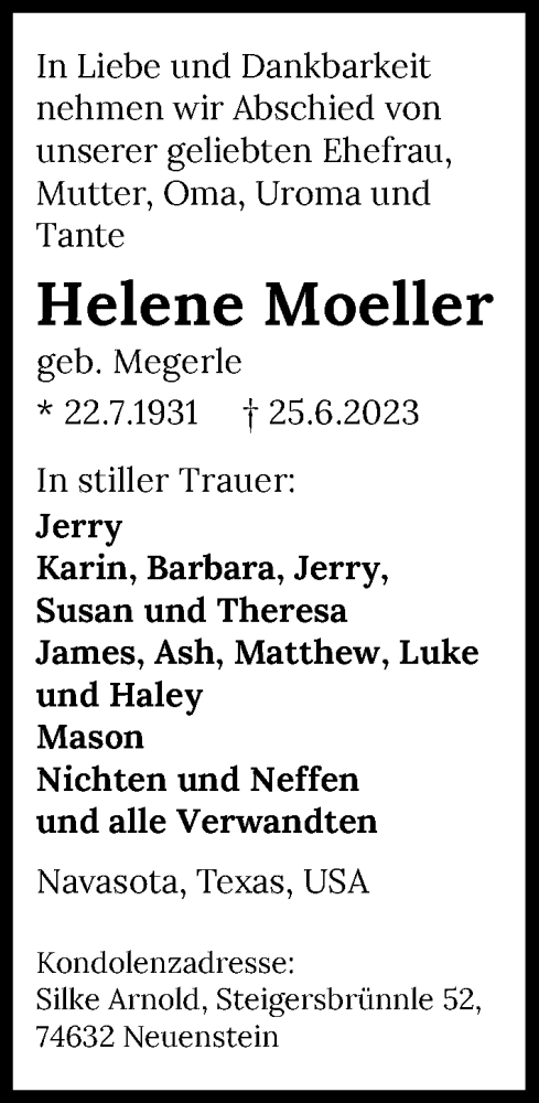  Traueranzeige für Helene Moeller vom 01.07.2023 aus GESAMT