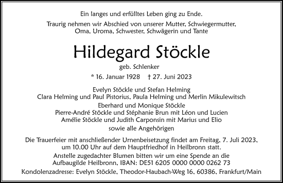 Traueranzeige von Hildegard Stöckle