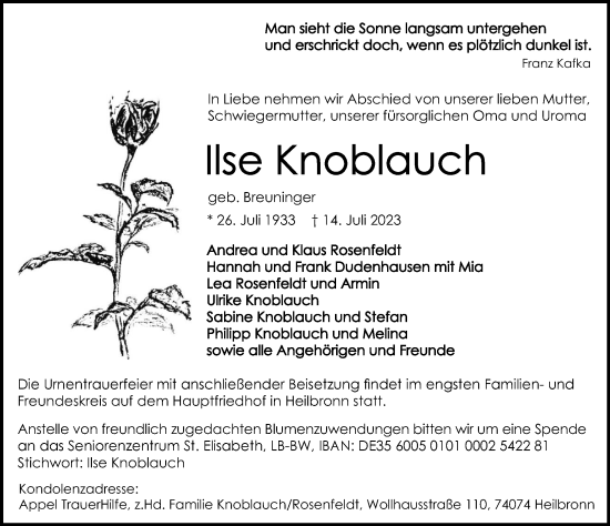 Traueranzeige von Ilse Knoblauch