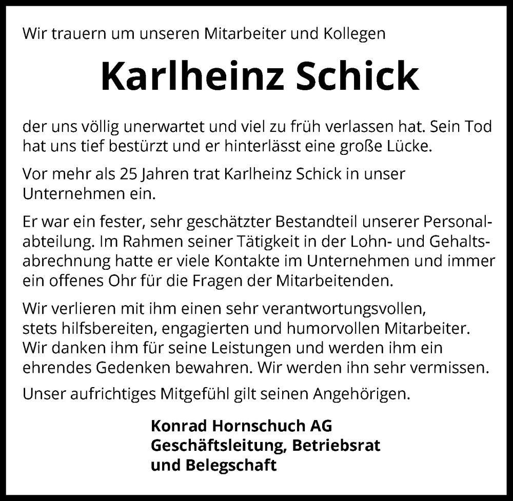  Traueranzeige für Karlheinz Schick vom 15.07.2023 aus GESAMT