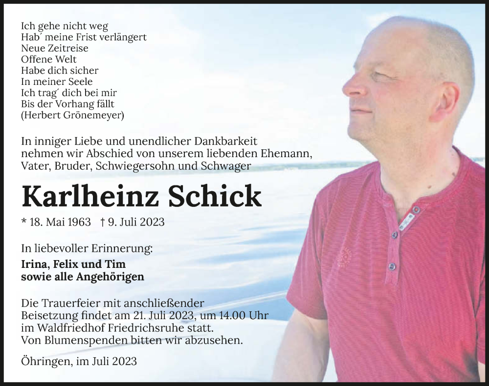  Traueranzeige für Karlheinz Schick vom 15.07.2023 aus GESAMT