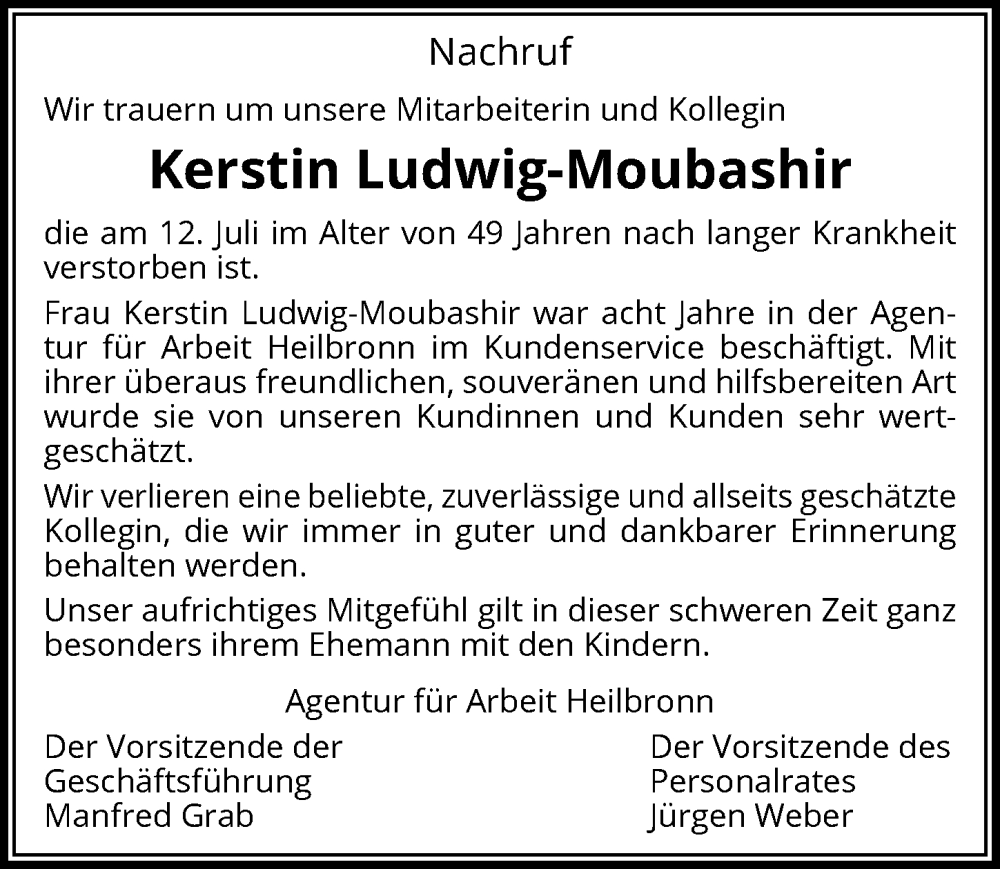  Traueranzeige für Kerstin Ludwig-Moubashir vom 28.07.2023 aus GESAMT