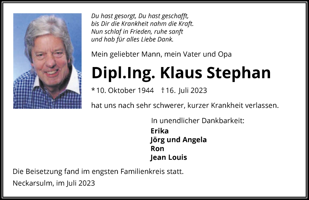 Traueranzeige für Klaus Stephan vom 29.07.2023 aus GESAMT