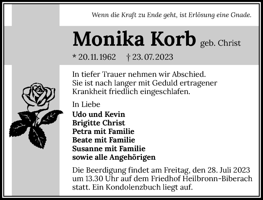  Traueranzeige für Monika Korb vom 26.07.2023 aus GESAMT