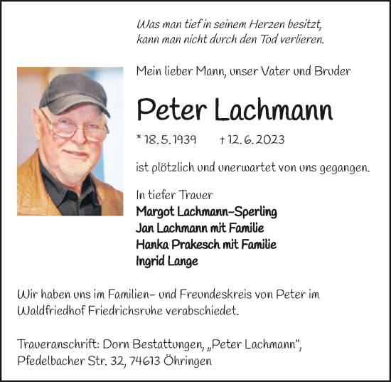 Traueranzeige von Peter Lachmann von GESAMT