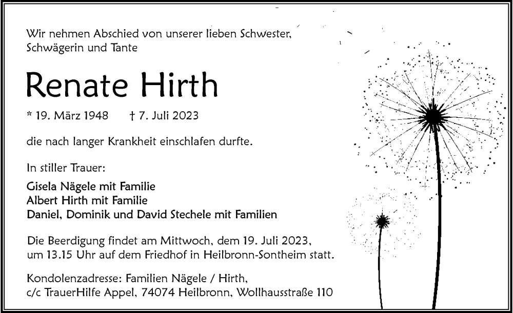  Traueranzeige für Renate Hirth vom 15.07.2023 aus GESAMT
