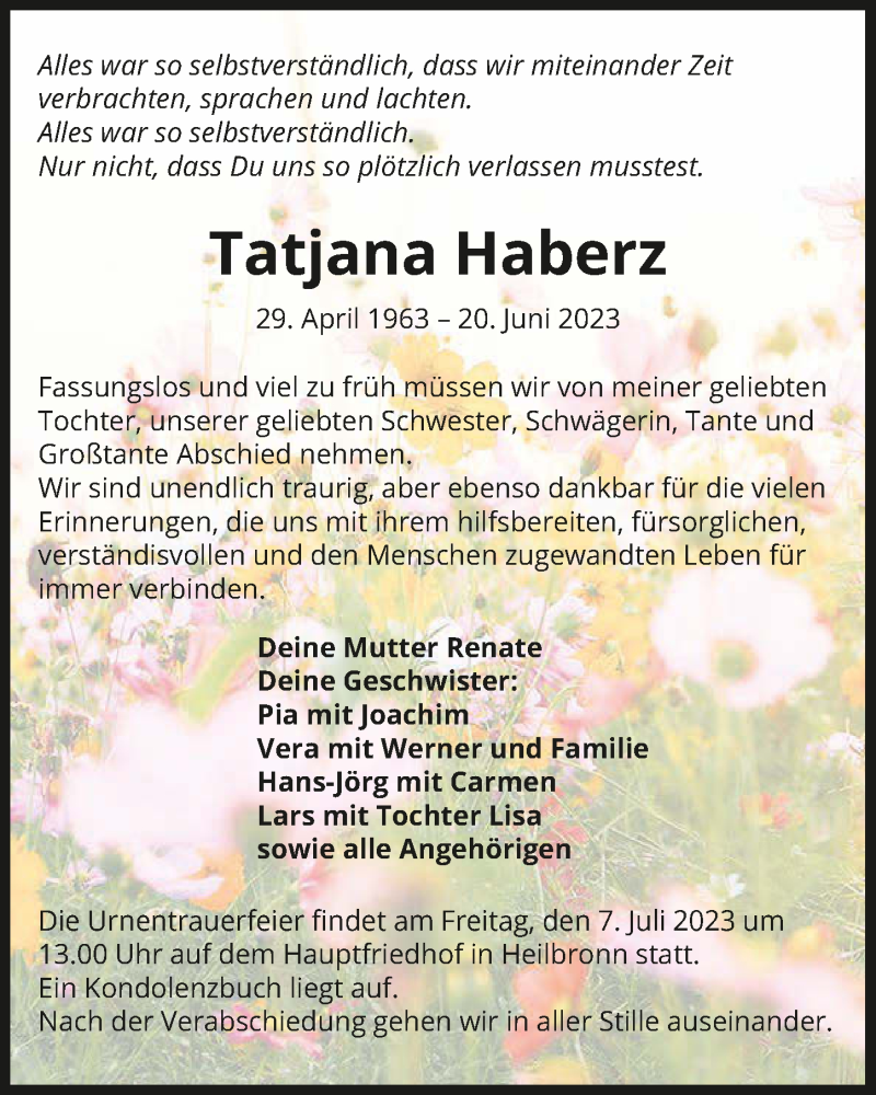  Traueranzeige für Tatjana Haberz vom 01.07.2023 aus GESAMT