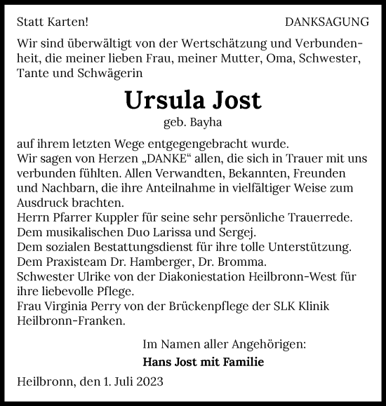 Traueranzeige von Ursula Jost von GESAMT