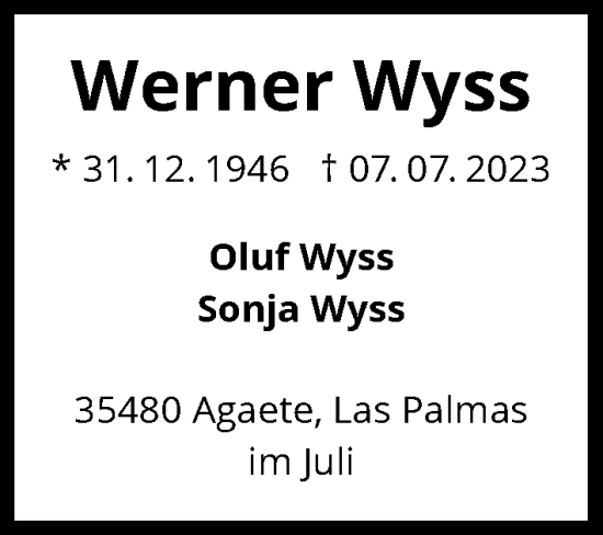 Traueranzeige von Werner Wyss von GESAMT