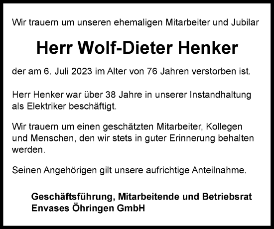 Traueranzeige von Wolf-Dieter Henker von GESAMT