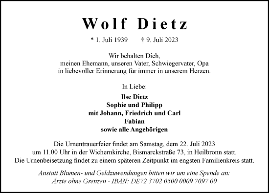 Traueranzeige von Wolf Dietz von GESAMT