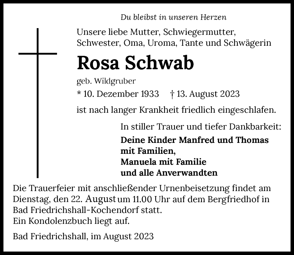  Traueranzeige für Rosa Schwab vom 19.08.2023 aus GESAMT