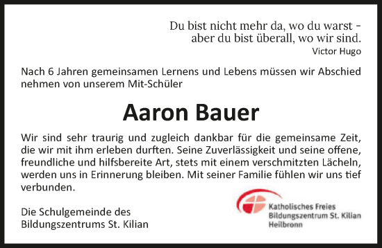 Traueranzeige von Aaron Bauer von GESAMT