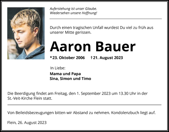 Traueranzeige von Aaron Bauer von GESAMT