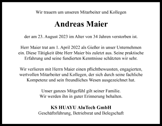 Traueranzeige von Andreas Maier von GESAMT