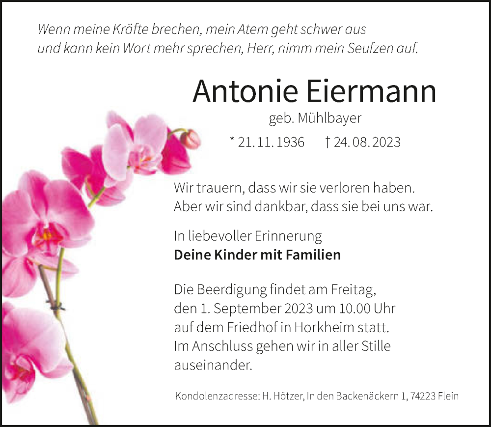  Traueranzeige für Antonie Eiermann vom 26.08.2023 aus GESAMT