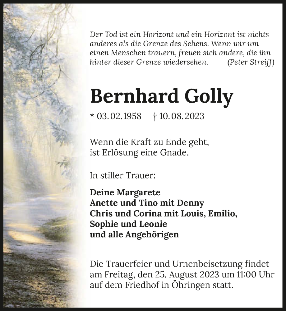  Traueranzeige für Bernhard Golly vom 21.08.2023 aus GESAMT