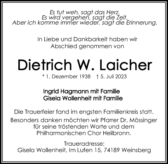 Traueranzeige von Dietrich  Laicher