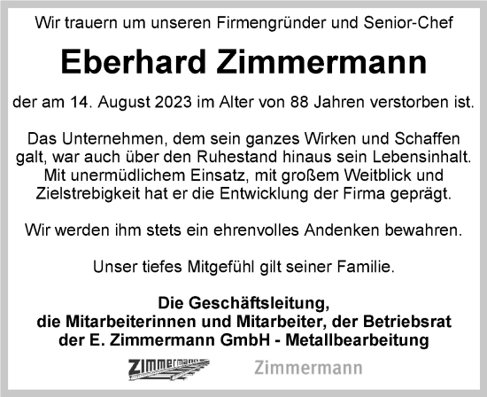 Traueranzeige von Eberhard Zimmermann von GESAMT