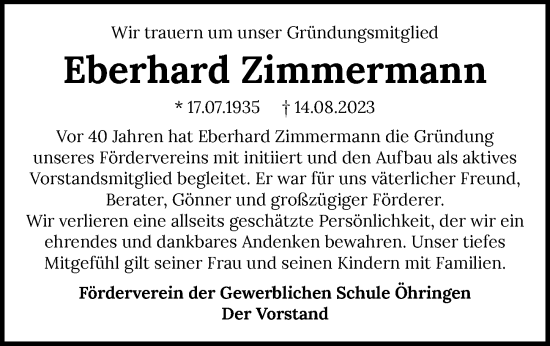 Traueranzeige von Eberhard Zimmermann von GESAMT