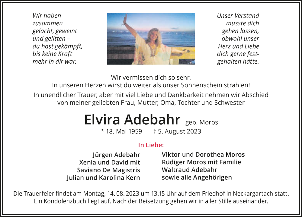  Traueranzeige für Elvira Adebahr vom 09.08.2023 aus GESAMT