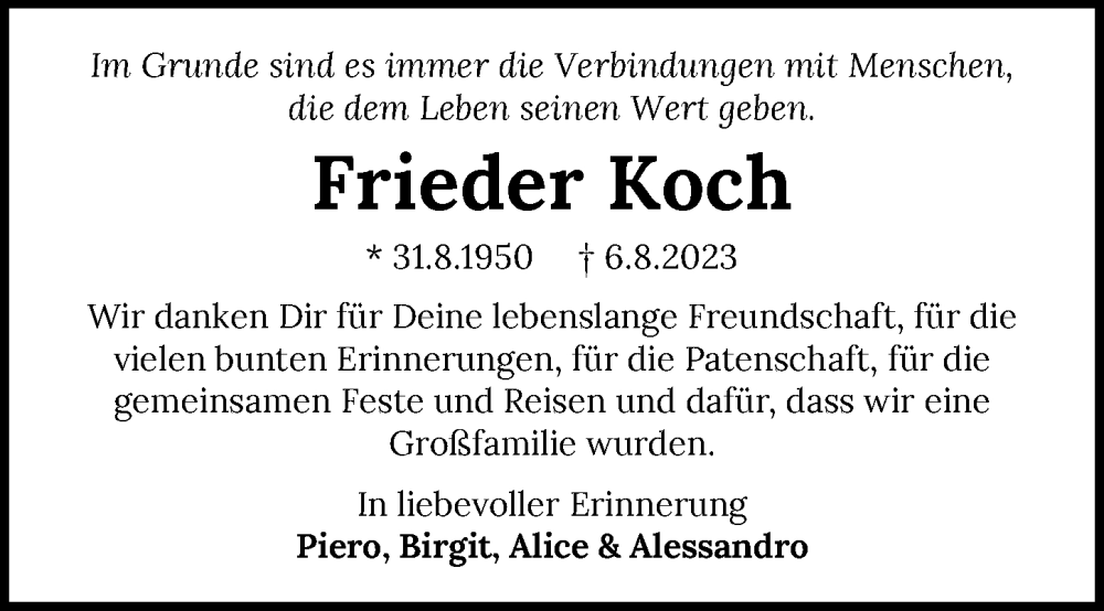  Traueranzeige für Frieder Koch vom 19.08.2023 aus GESAMT