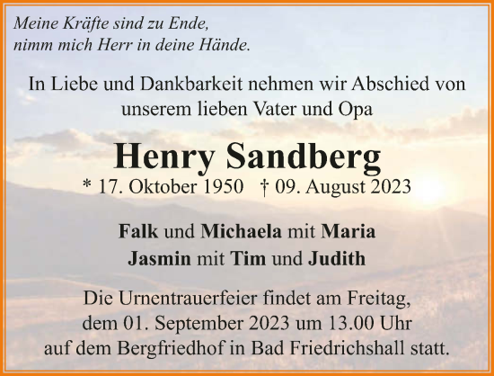 Traueranzeige von Henry Sandberg von GESAMT